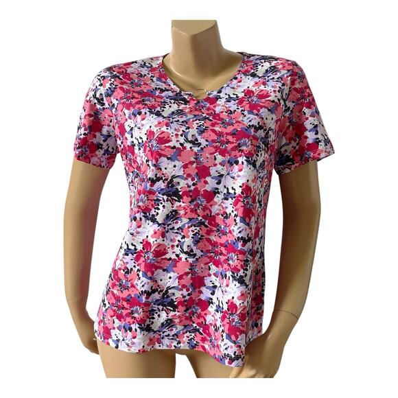 CORAL BAY Womens Petite Size PM Short Sleeve Floral Print Keyhole Neck Shirt Top - Picture 1 of 7